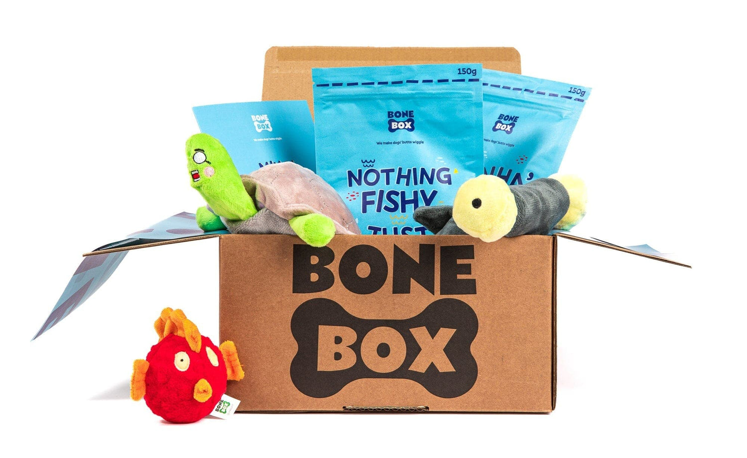 Meriboxi - 6 boxia Dog treats and toys suprise box Bonebox.fi 